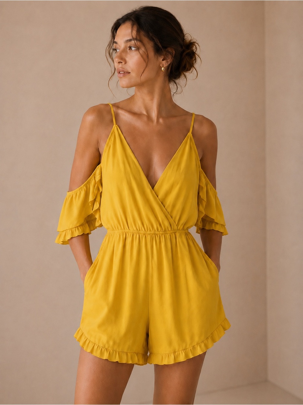 Gianni Bini Mustard Yellow Cold-Shoulder Ruffle Romper Size Small